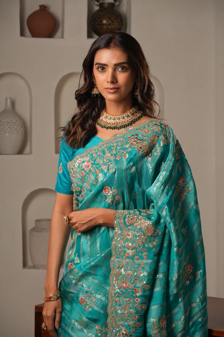 Turquoise Pure HO Peacock Embroidered Saree