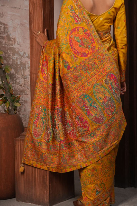 Mustard Heritage Dola Pashmina Saree with Colorful Jal Weaving