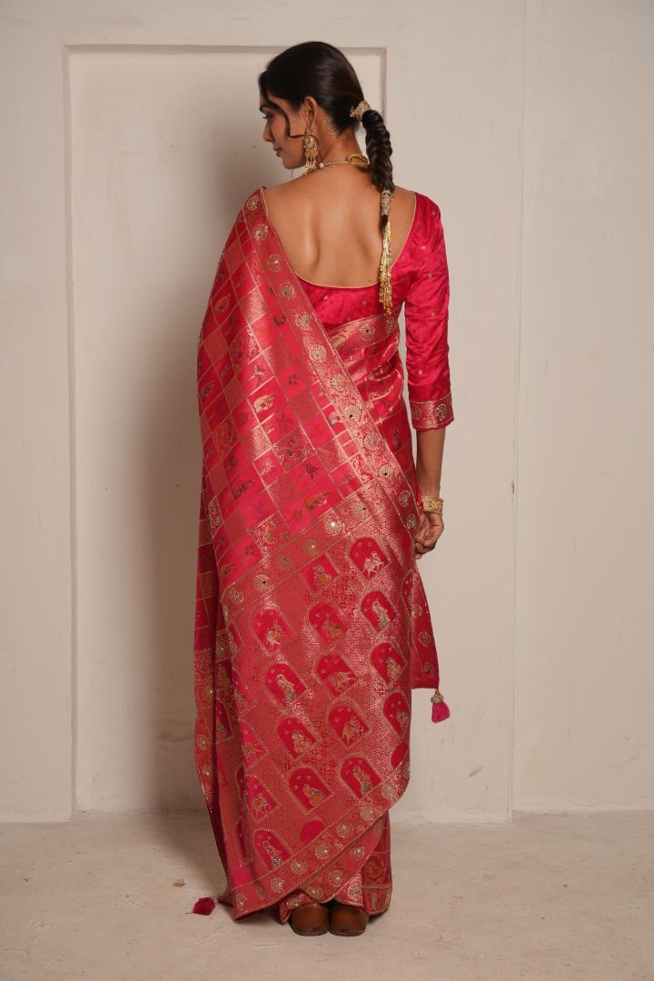 Rani Pink Heritage Satin Pashmina Saree