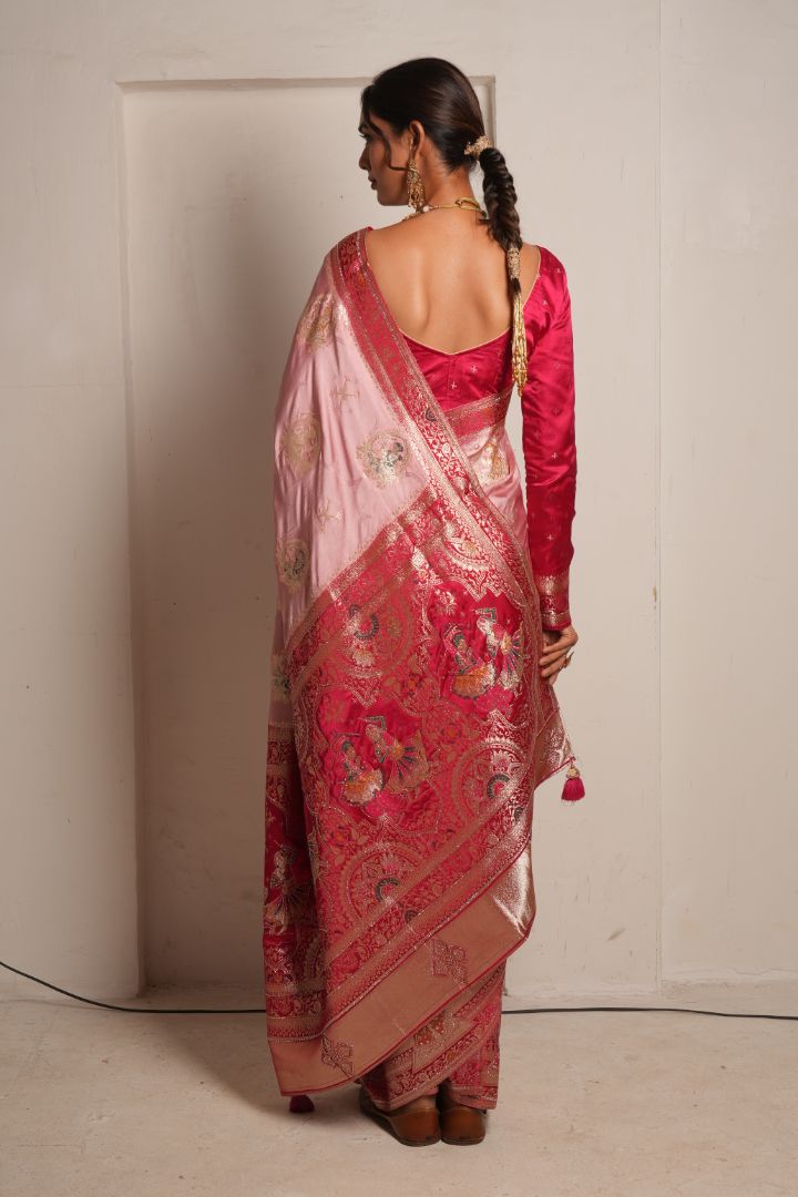 Pink Banarasi Silk Saree with Red Zari Border