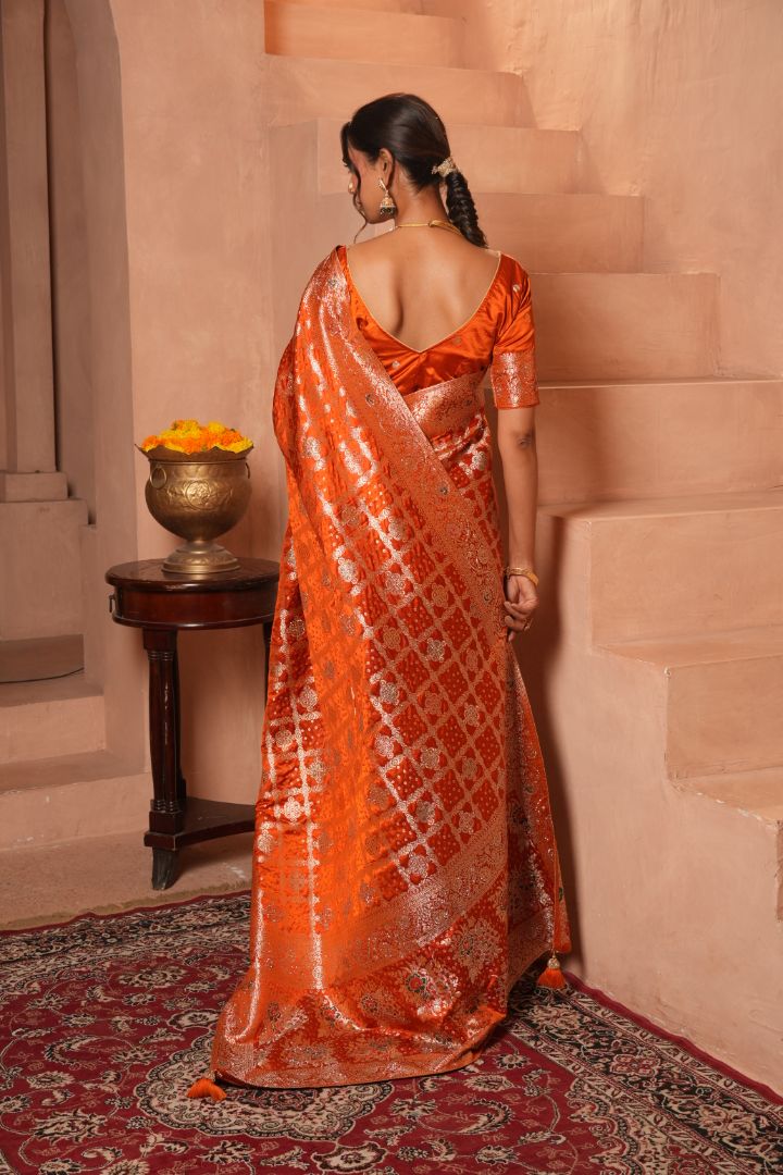 Burnt Orange Swarovski Satin Saree