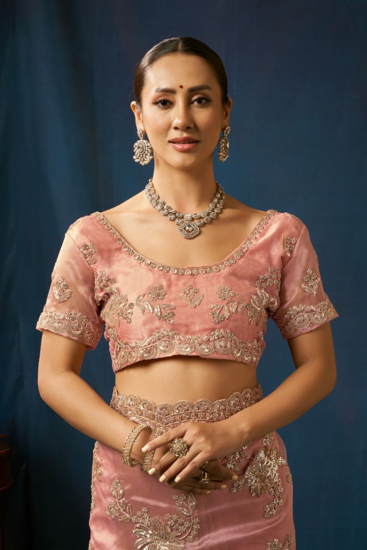 Ethereal Blush Pink Net Saree with Gold Floral Embroidery