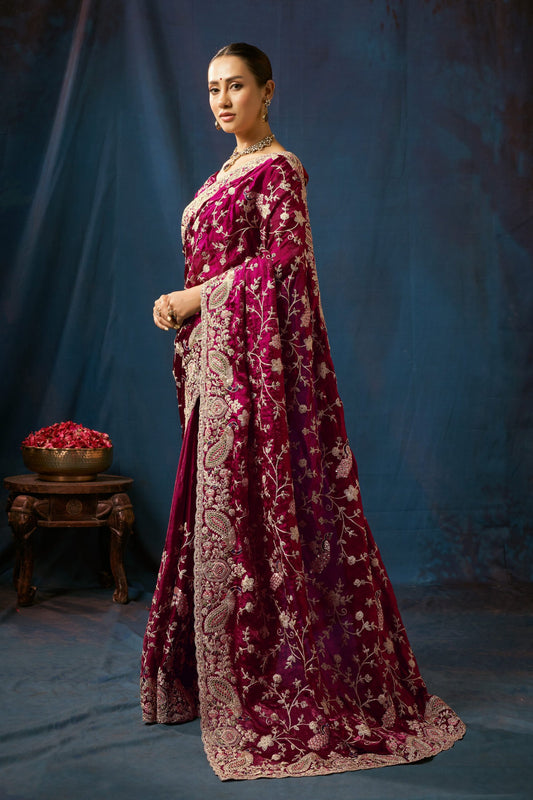 Noor Burgundy Velvet Embroidered Saree