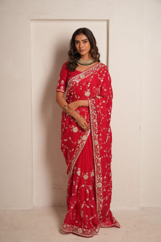 Rani Pink Raw Dola Silk Embroidered Saree
