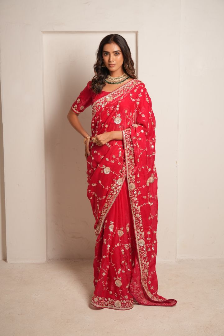 Rani Pink Raw Dola Silk Embroidered Saree