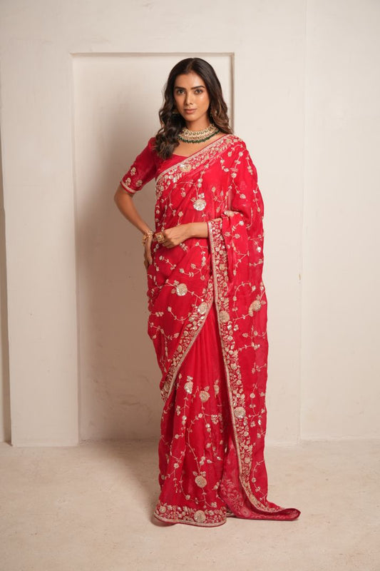 Rani Pink Raw Dola Silk Embroidered Saree