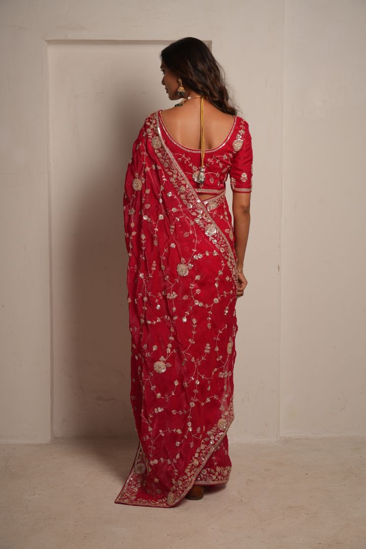 Rani Pink Raw Dola Silk Embroidered Saree