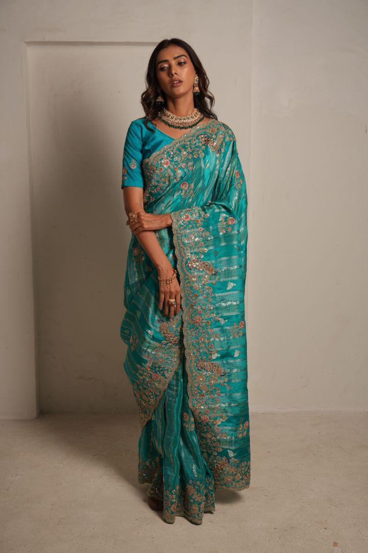Turquoise Pure HO Peacock Embroidered Saree