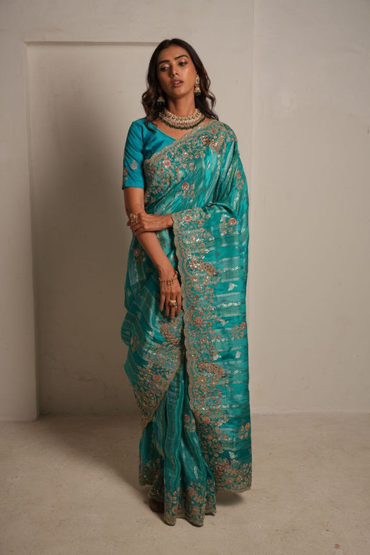 Turquoise Pure HO Peacock Embroidered Saree