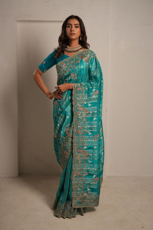 Turquoise Pure HO Peacock Embroidered Saree