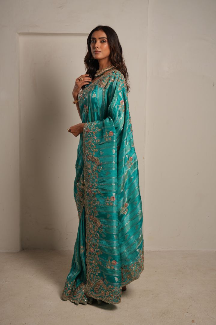 Turquoise Pure HO Peacock Embroidered Saree