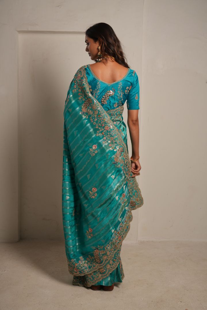 Turquoise Pure HO Peacock Embroidered Saree