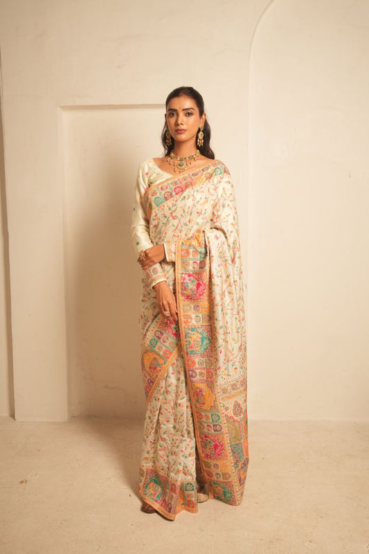 Ivory Heritage Dola Pashmina Saree with Colorful Jal Weaving