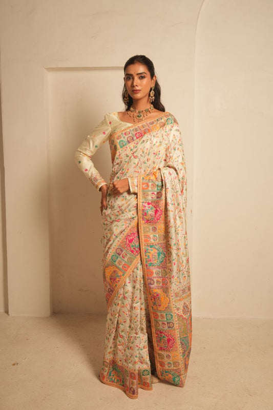 Ivory Heritage Dola Pashmina Saree with Colorful Jal Weaving