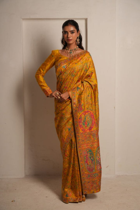 Mustard Heritage Dola Pashmina Saree with Colorful Jal Weaving