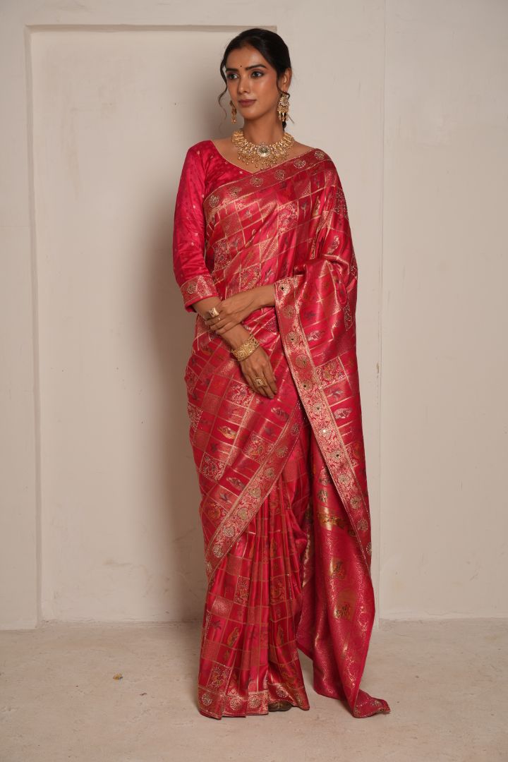 Rani Pink Heritage Satin Pashmina Saree