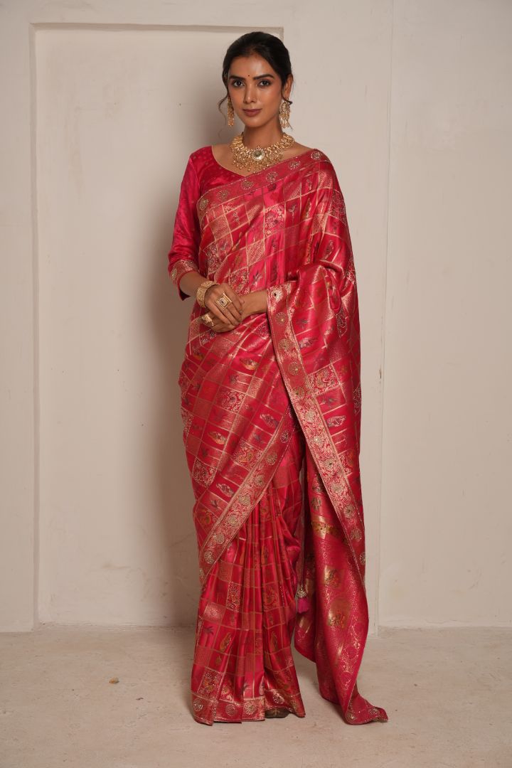 Rani Pink Heritage Satin Pashmina Saree