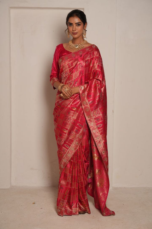 Rani Pink Heritage Satin Pashmina Saree