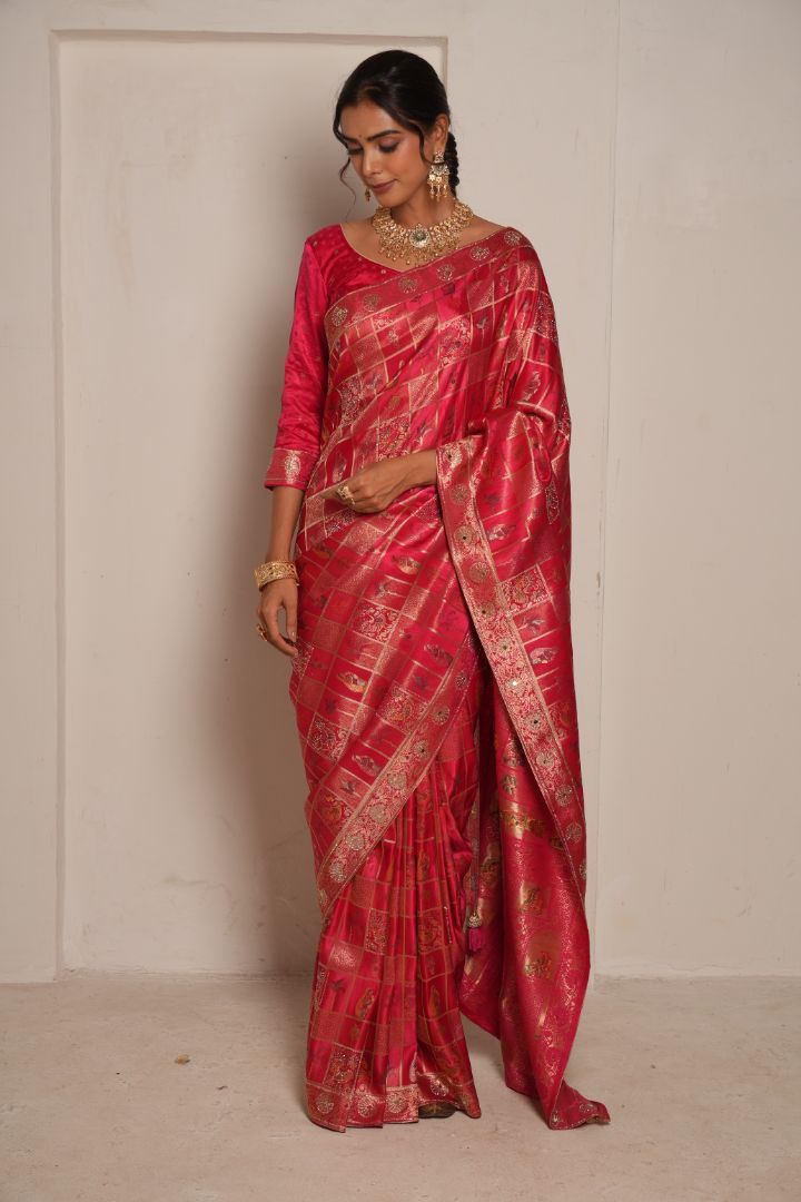 Rani Pink Heritage Satin Pashmina Saree