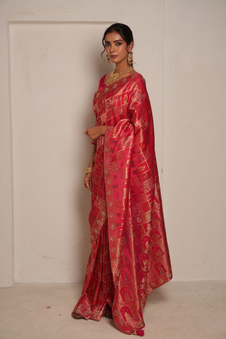 Rani Pink Heritage Satin Pashmina Saree