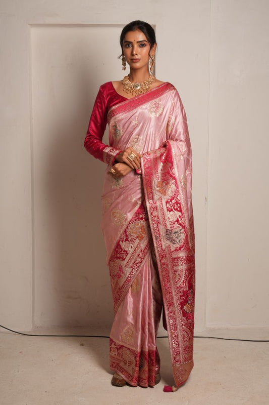 Pink Banarasi Silk Saree with Red Zari Border