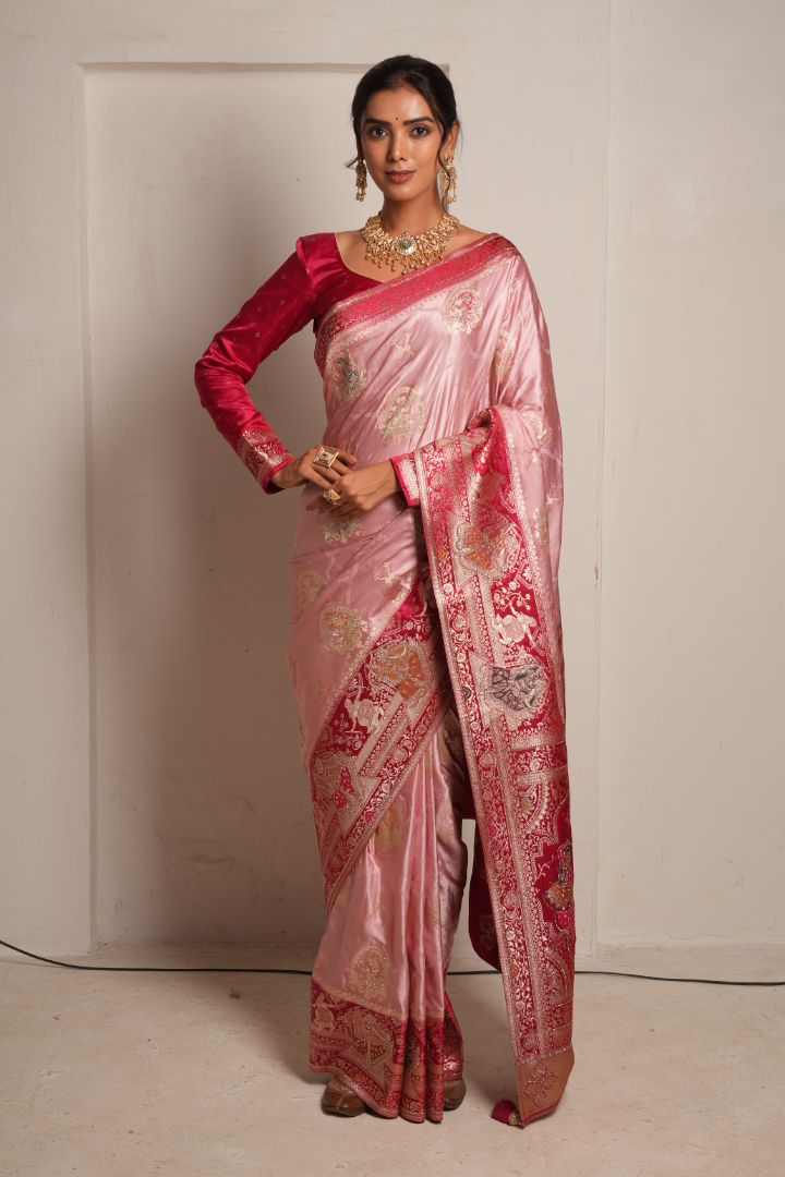 Pink Banarasi Silk Saree with Red Zari Border