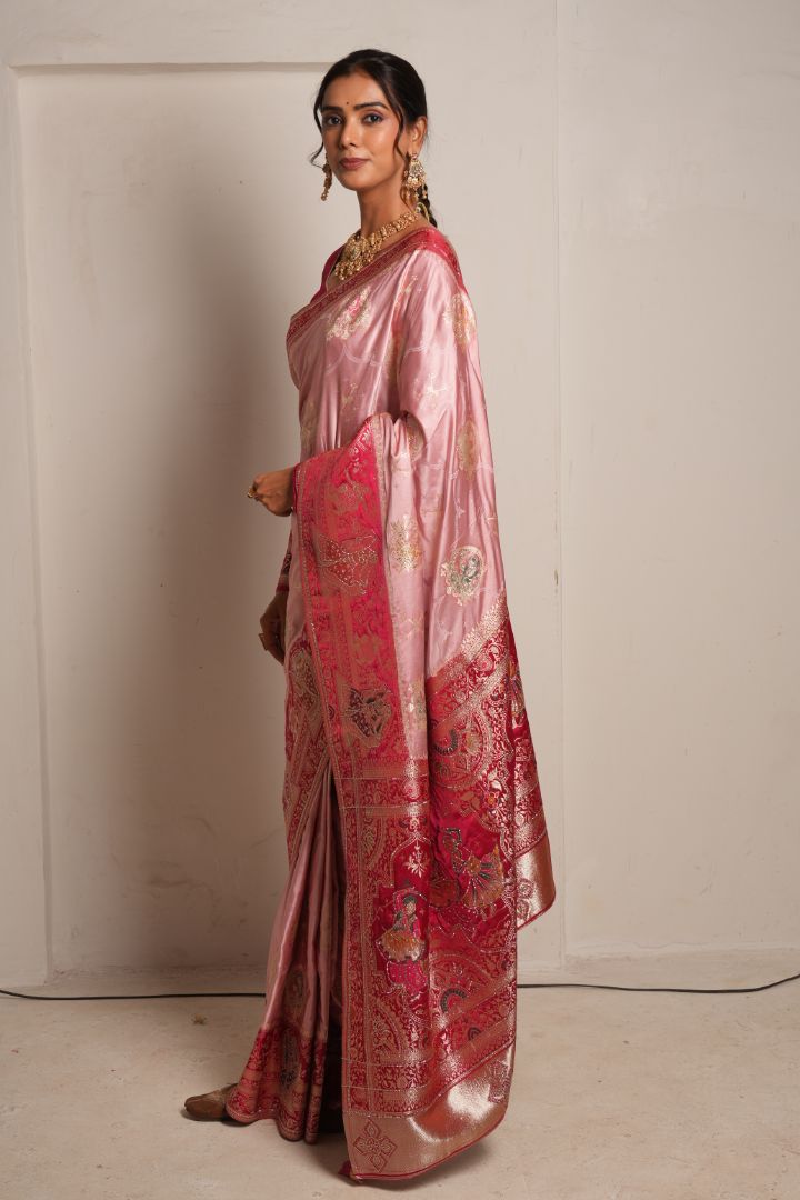 Pink Banarasi Silk Saree with Red Zari Border