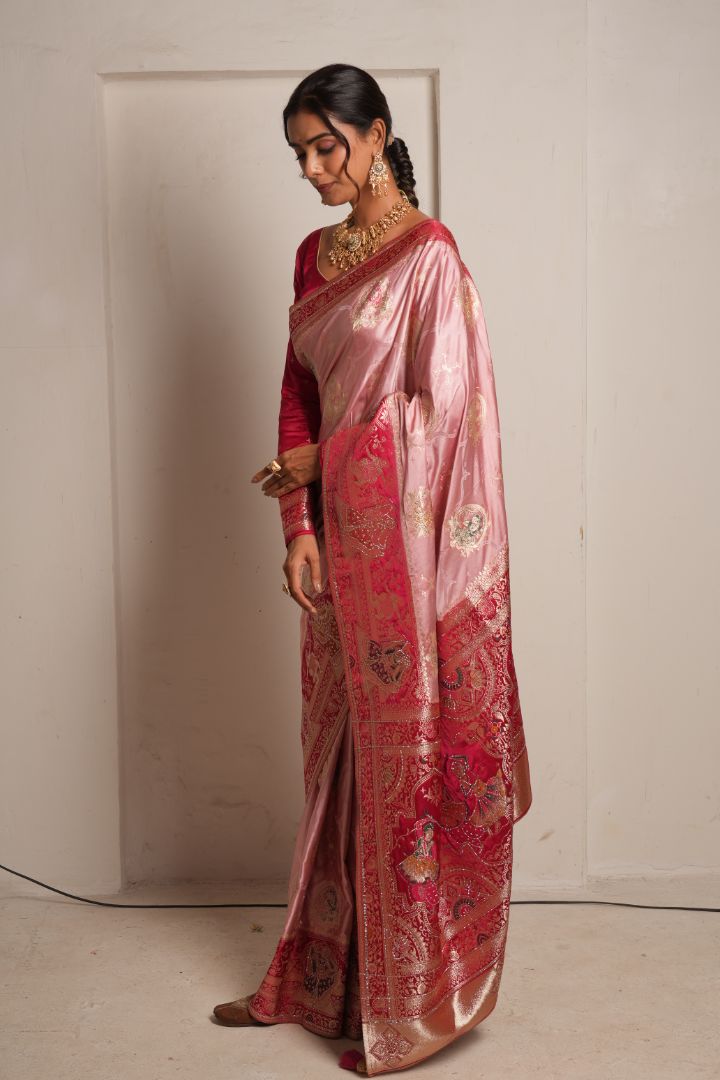Pink Banarasi Silk Saree with Red Zari Border