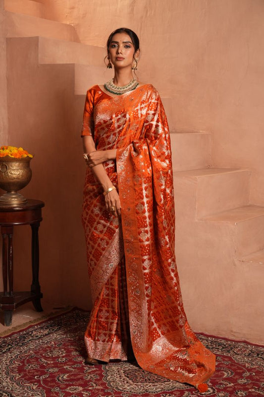 Burnt Orange Swarovski Satin Saree