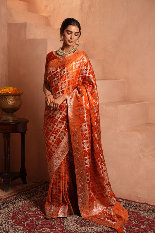 Burnt Orange Swarovski Satin Saree