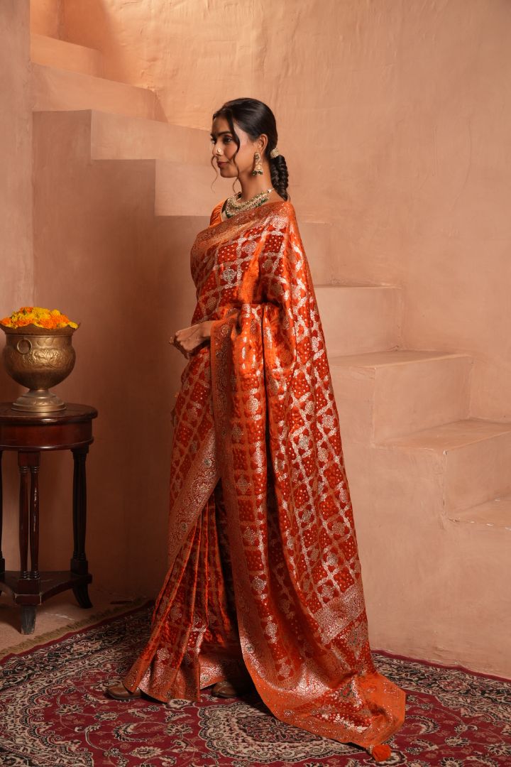Burnt Orange Swarovski Satin Saree