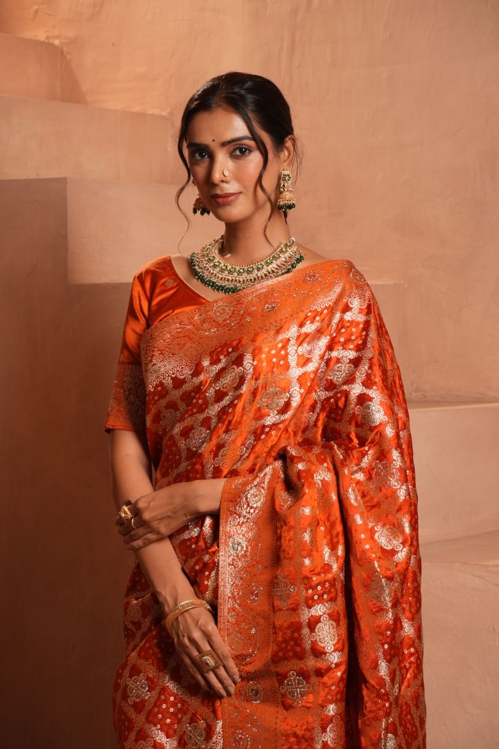 Burnt Orange Swarovski Satin Saree