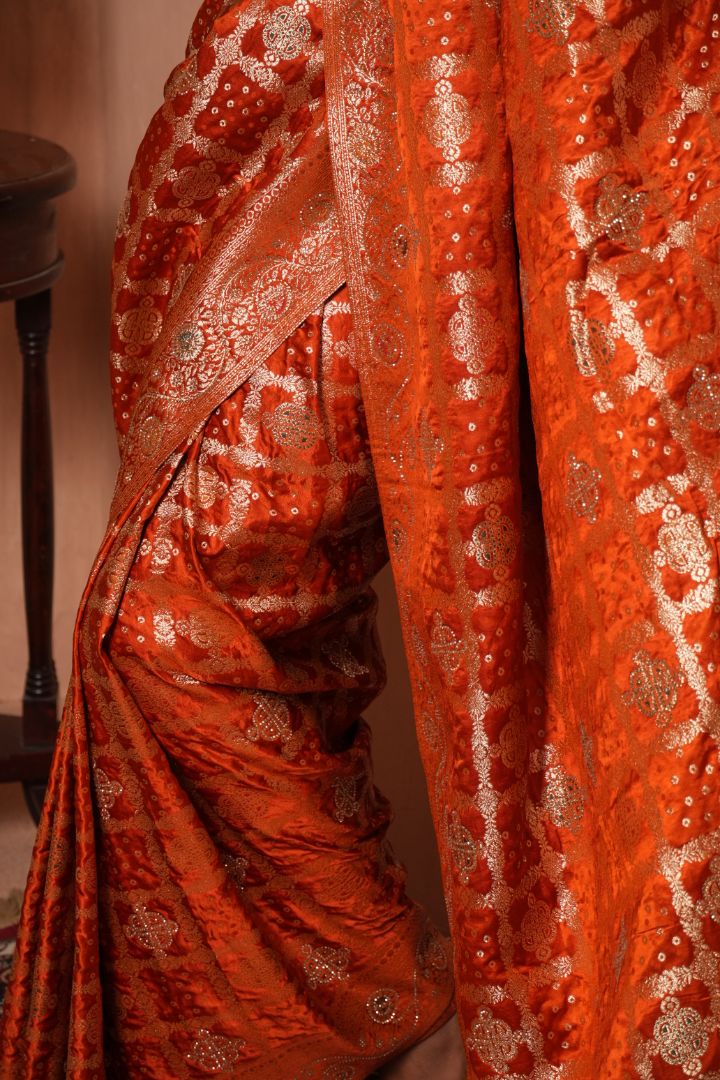 Burnt Orange Swarovski Satin Saree