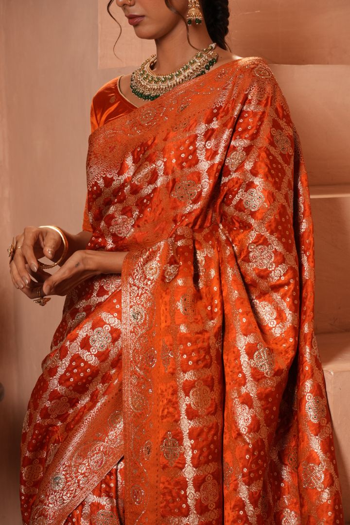 Burnt Orange Swarovski Satin Saree