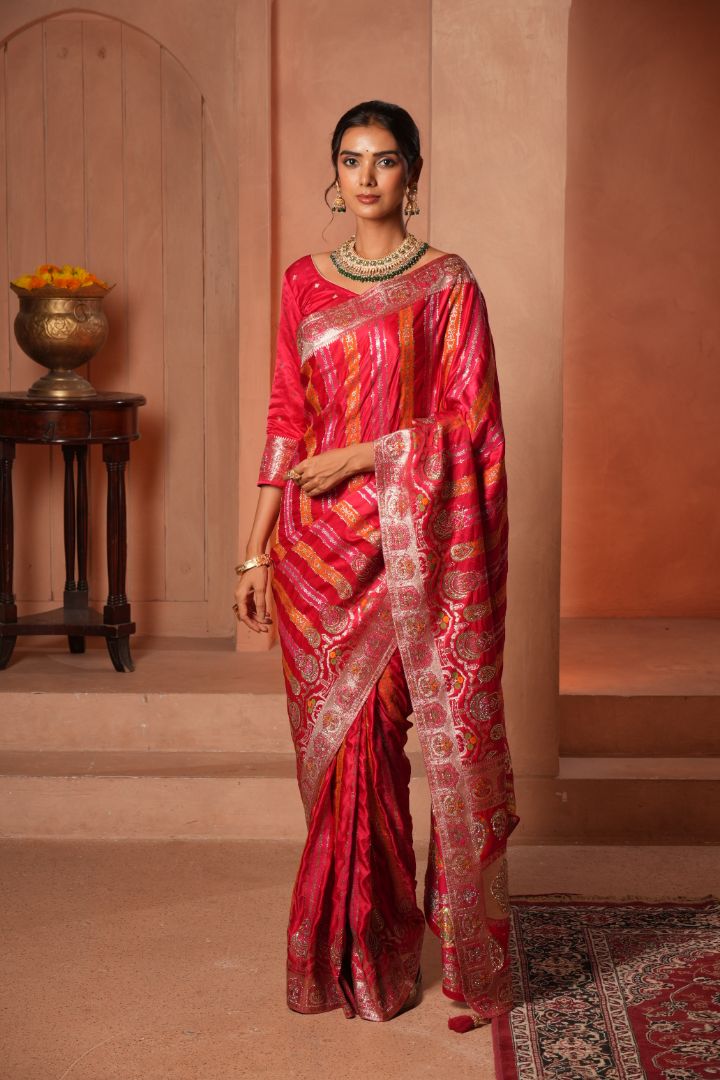 Rani Pink Meena Work Satin Saree