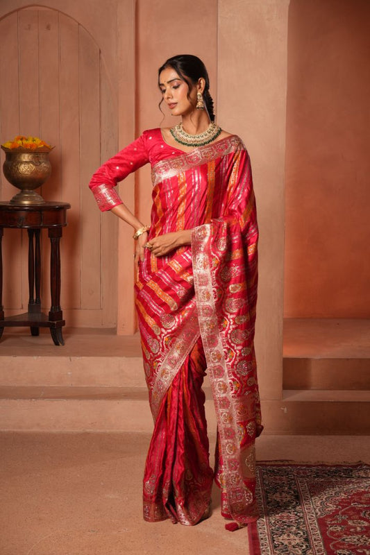 Rani Pink Meena Work Satin Saree