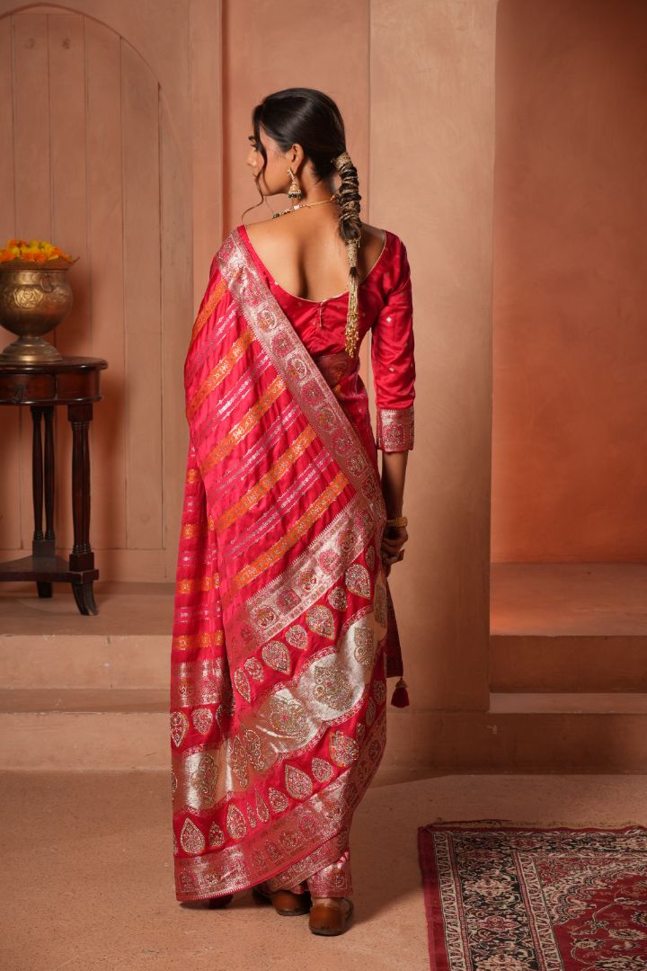 Rani Pink Meena Work Satin Saree
