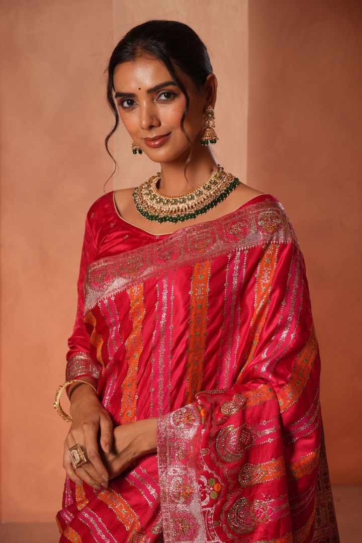 Rani Pink Meena Work Satin Saree