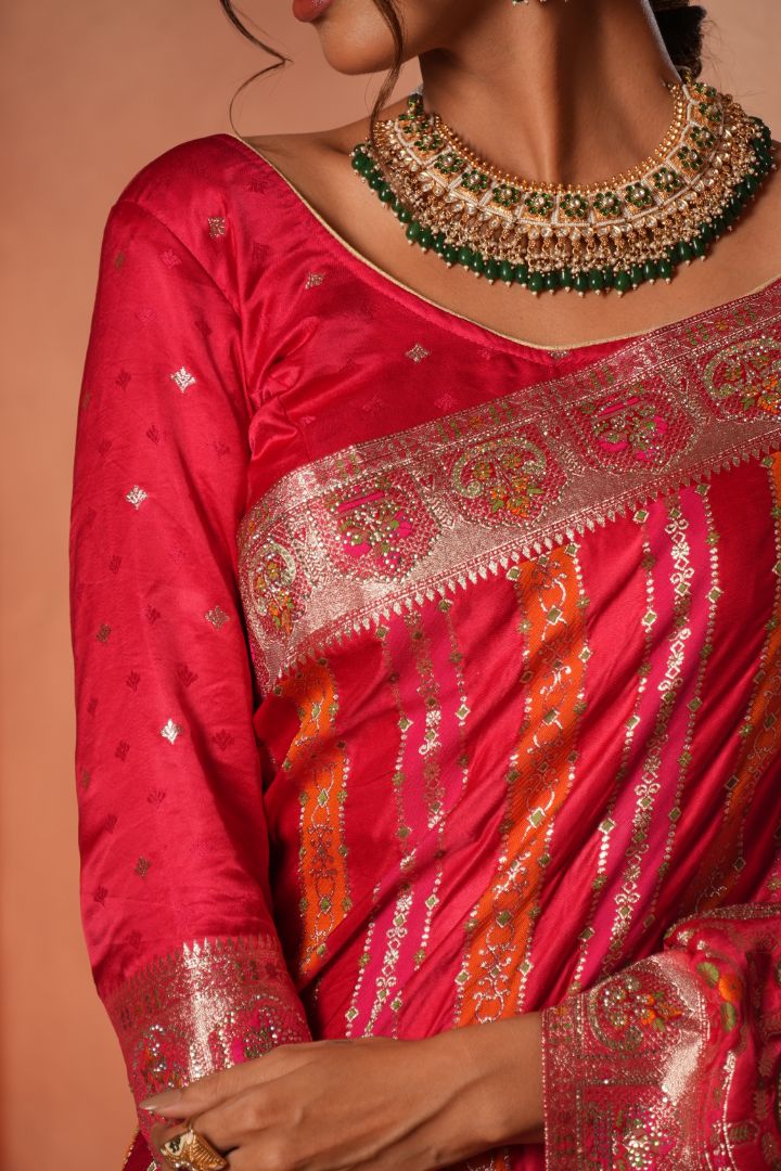 Rani Pink Meena Work Satin Saree