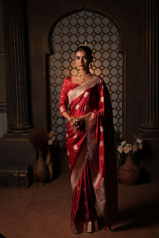 Ruby Red Swarovski Border Satin Saree