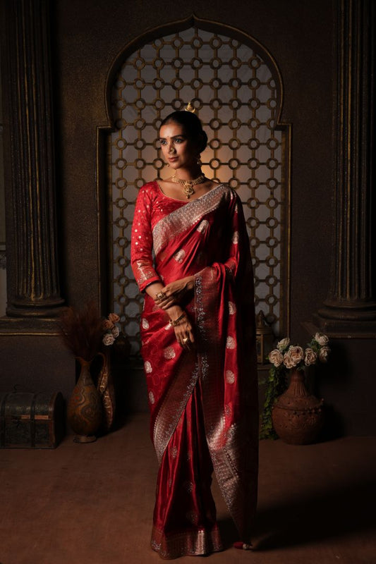 Ruby Red Swarovski Border Satin Saree