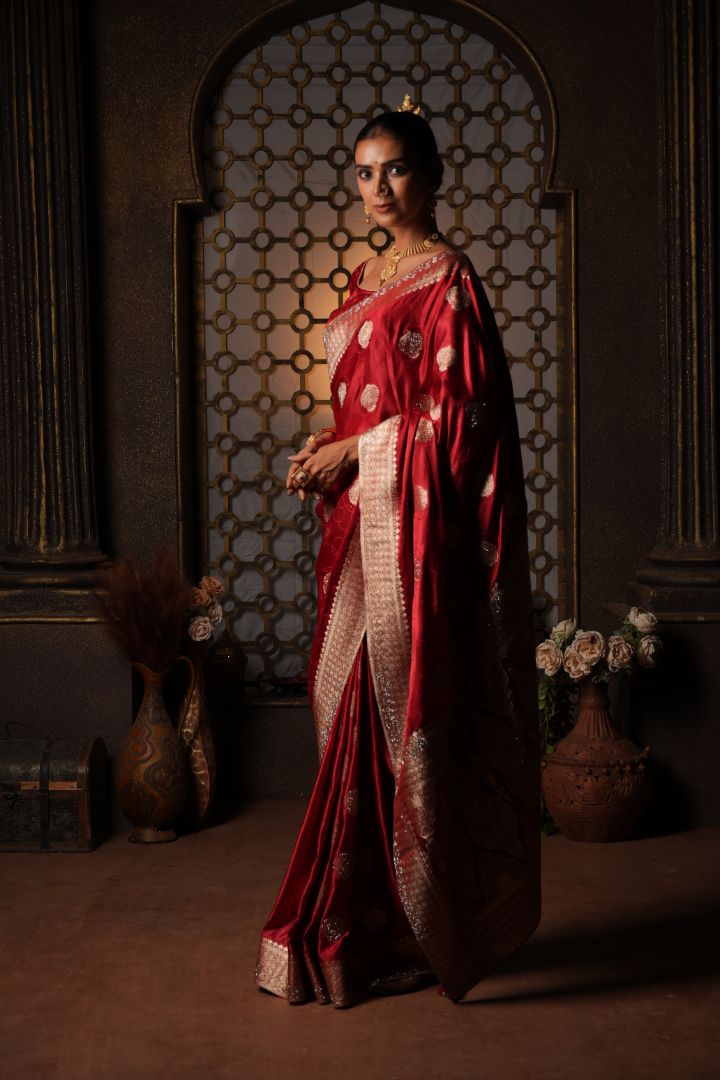Ruby Red Swarovski Border Satin Saree