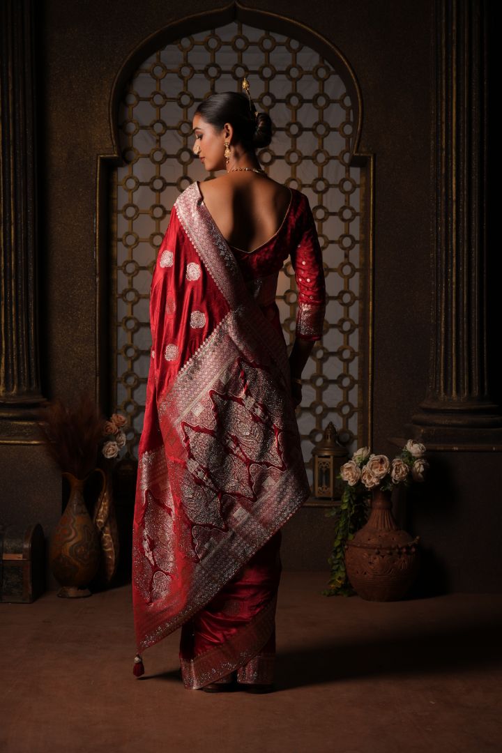 Ruby Red Swarovski Border Satin Saree