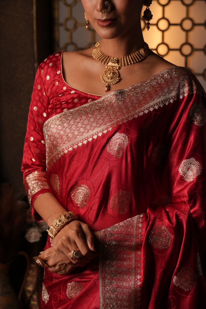 Ruby Red Swarovski Border Satin Saree