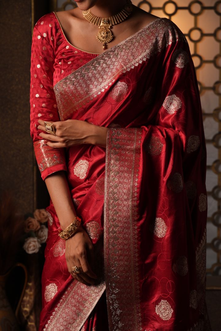 Ruby Red Swarovski Border Satin Saree