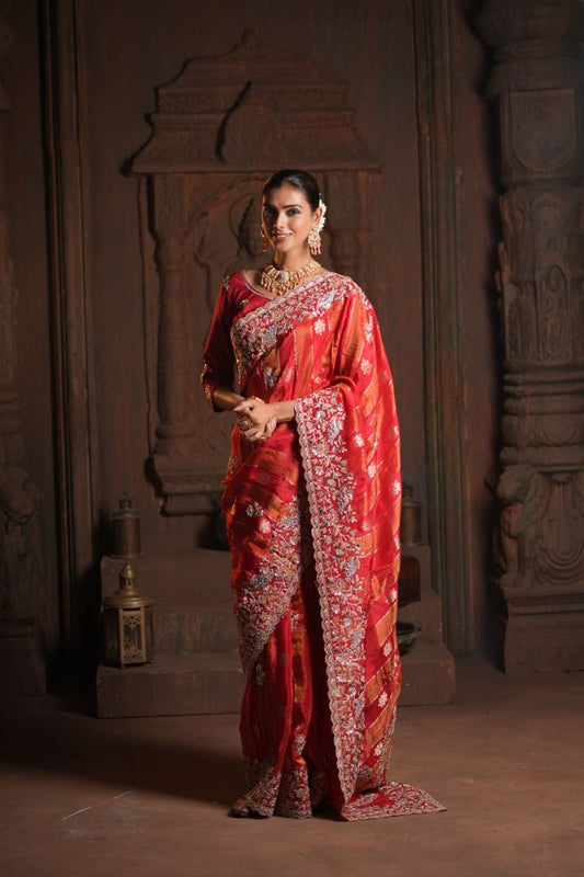 Rani Red Pure HO Peacock Embroidered Saree