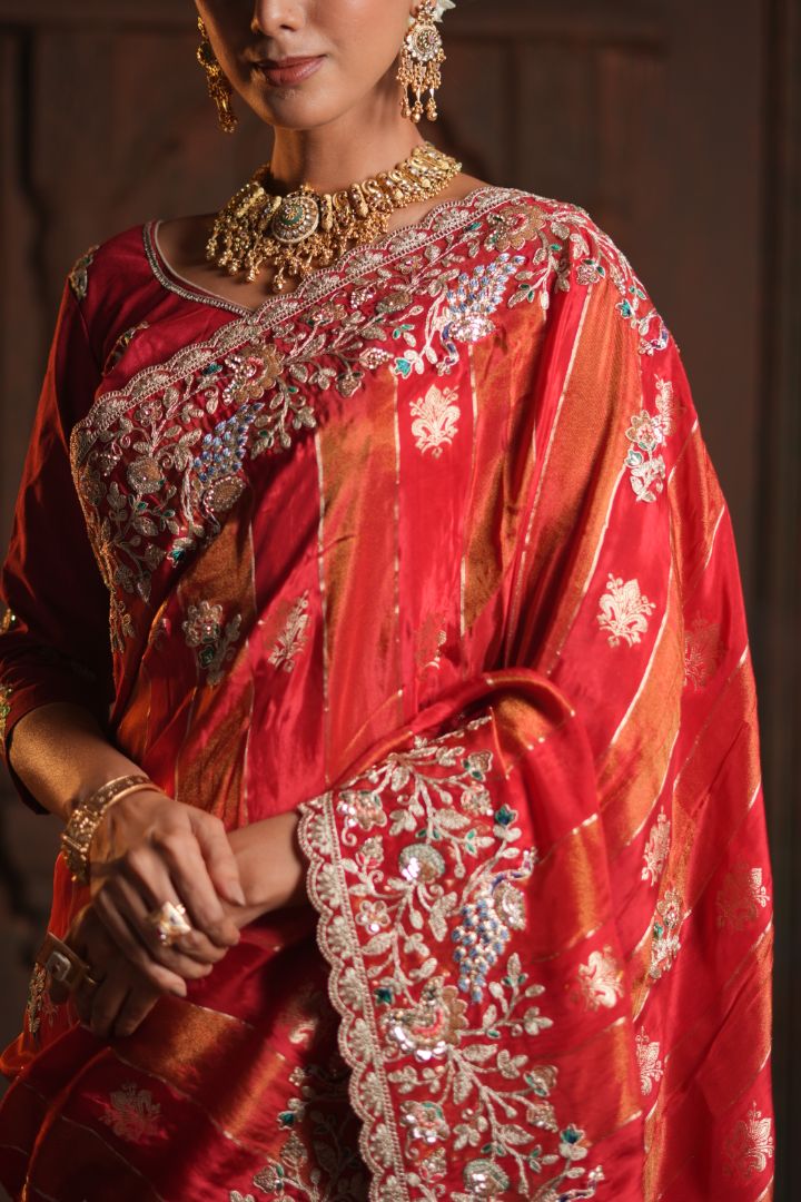 Rani Red Pure HO Peacock Embroidered Saree