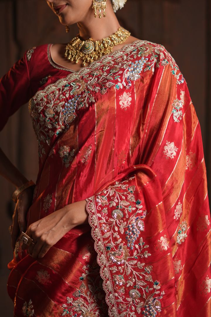 Rani Red Pure HO Peacock Embroidered Saree
