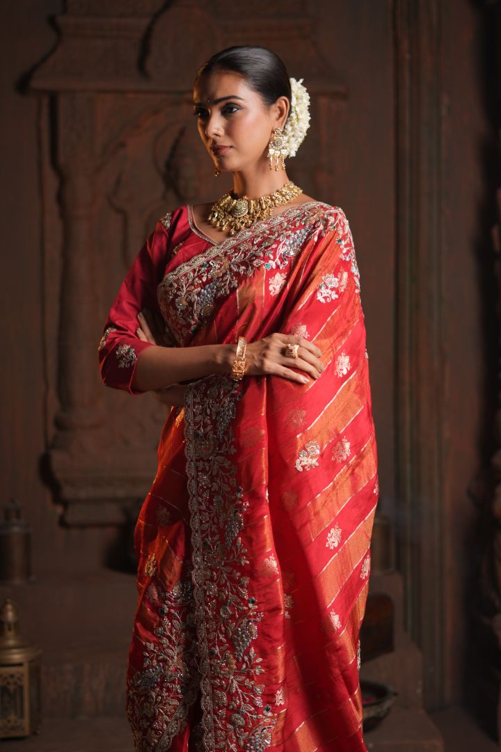 Rani Red Pure HO Peacock Embroidered Saree