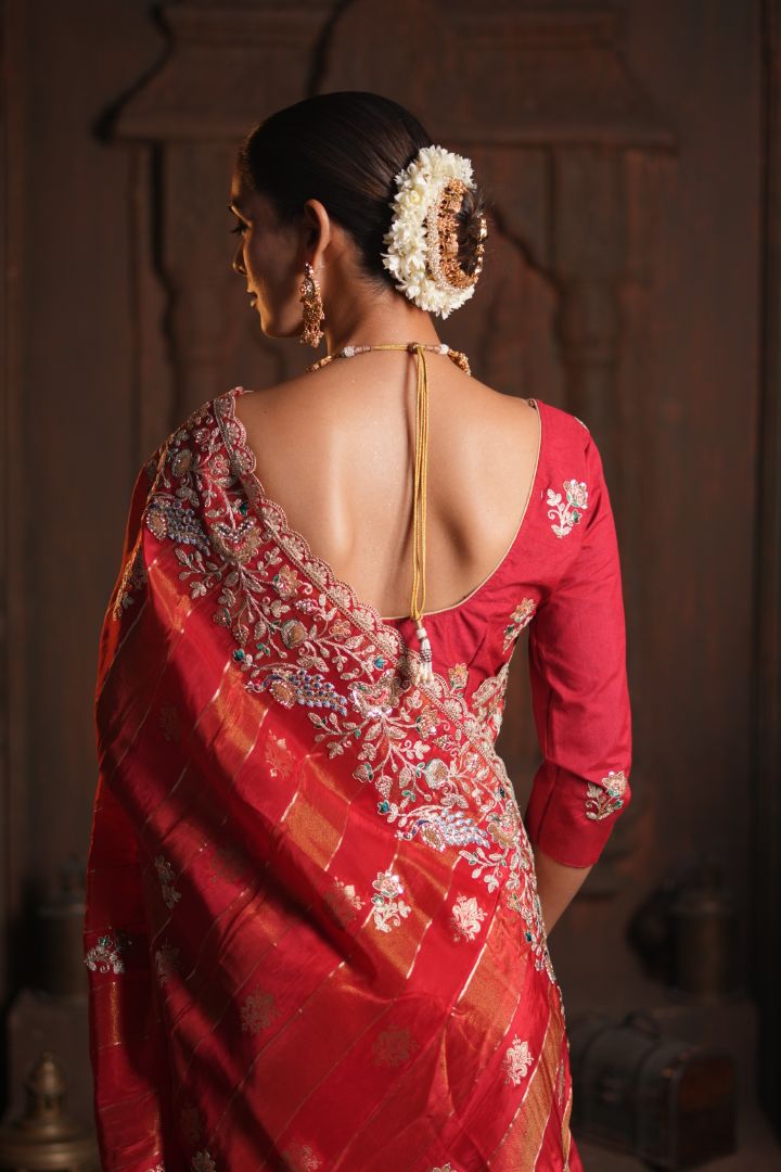 Rani Red Pure HO Peacock Embroidered Saree